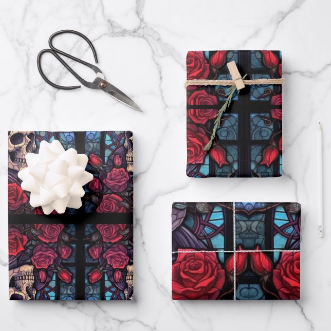 Hoja De Papel De Regalo Cráneo de Stones y Rosas (Anverso)