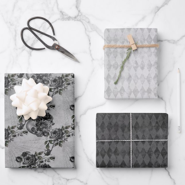 Hoja De Papel De Regalo Cráneo gótico de piedra gris (Anverso)