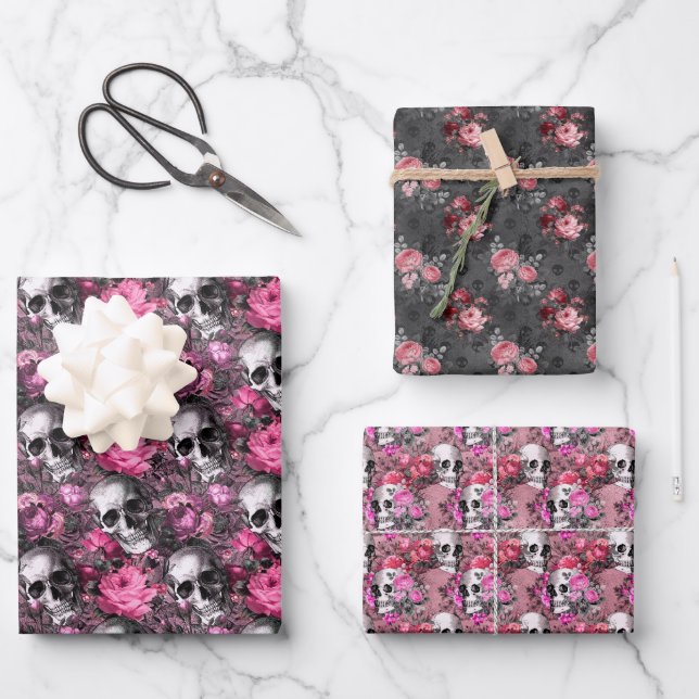 Hoja De Papel De Regalo Cránulos florales de Gótico rosa y negro (Anverso)