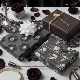 Hoja De Papel De Regalo Cránulos grisáceos góticos y franjas Halloween