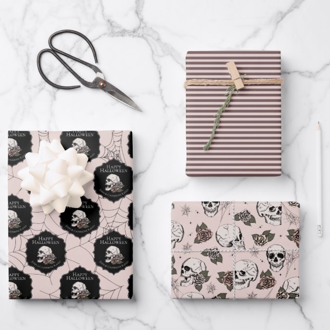 Hoja De Papel De Regalo Cránulos rosados góticos de Rubor y franjas Hallow (Anverso)