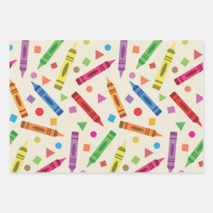 Hoja De Papel De Regalo Crayones escolares coloridos con patrón de formas