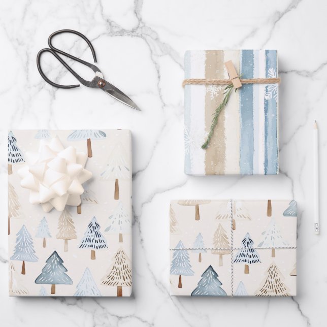 Hoja De Papel De Regalo Cream Beige Blue Christmas Trees (Anverso)