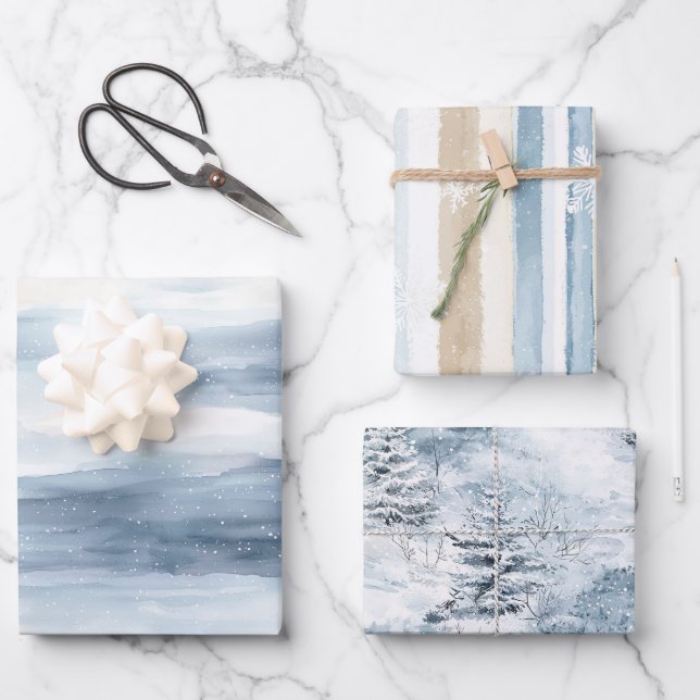 Hoja De Papel De Regalo Cream Beige Blue Christmas Trees Winter   (Anverso)