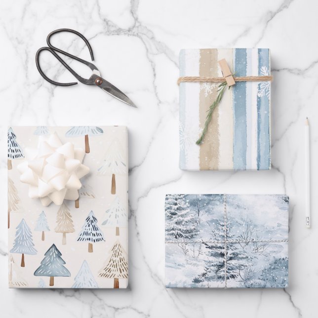 Hoja De Papel De Regalo Cream Beige Blue Christmas Trees Winter Snow (Anverso)