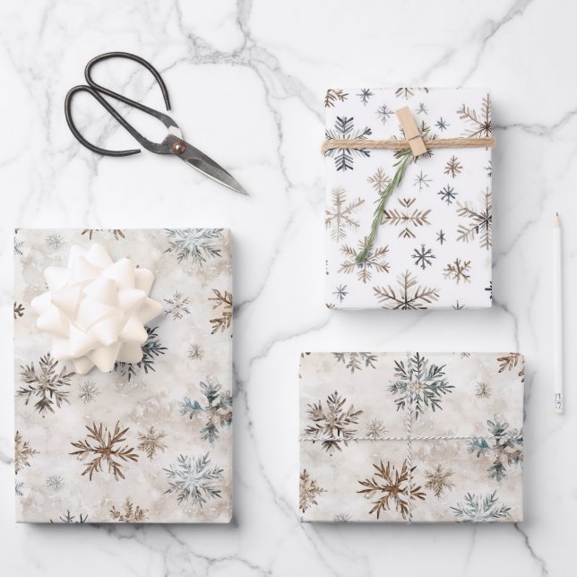 Hoja De Papel De Regalo Cream Bronze Blue Snowflakes Christmas (Anverso)