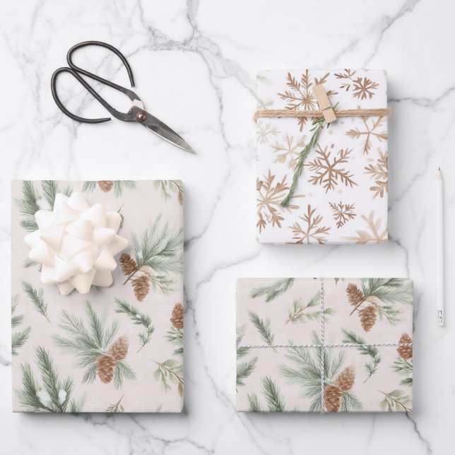 Hoja De Papel De Regalo Cream Brown Green Christmas Pine Cones Snowflakes (Anverso)