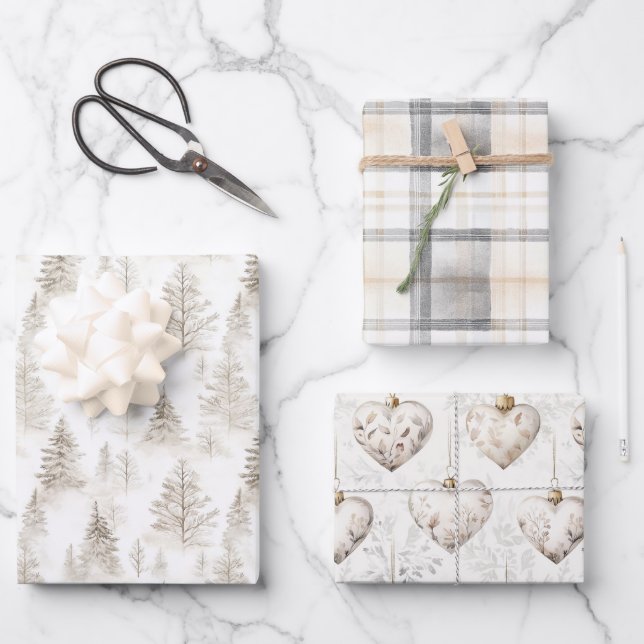 Hoja De Papel De Regalo Cream Christmas Trees Hearts Plaid Stripes (Anverso)
