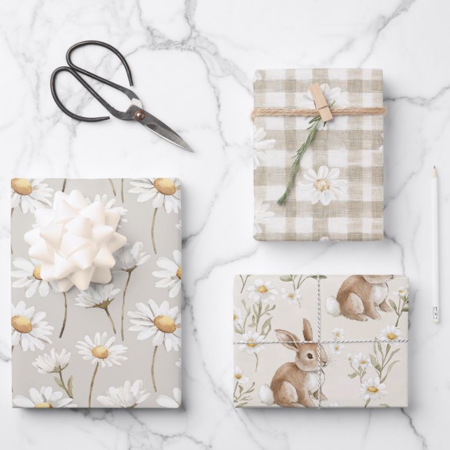 Hoja De Papel De Regalo Cream Daisy Floral Bunny Rabbit Birthday (Anverso)