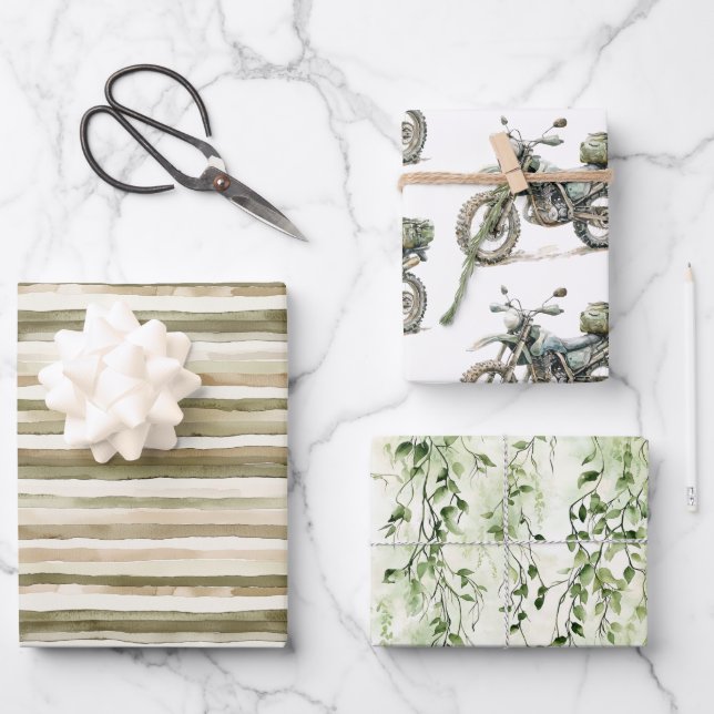 Hoja De Papel De Regalo Cream Stripes Motorcycle Ivy Jungle Cumpleaños (Anverso)