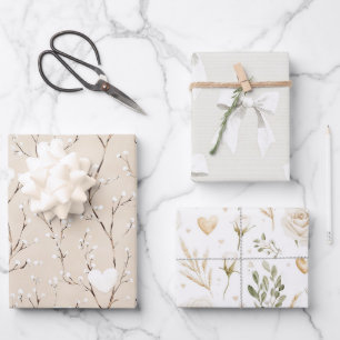 Hoja De Papel De Regalo Cream White Bows Corazones Boho Floral Cumpleaños