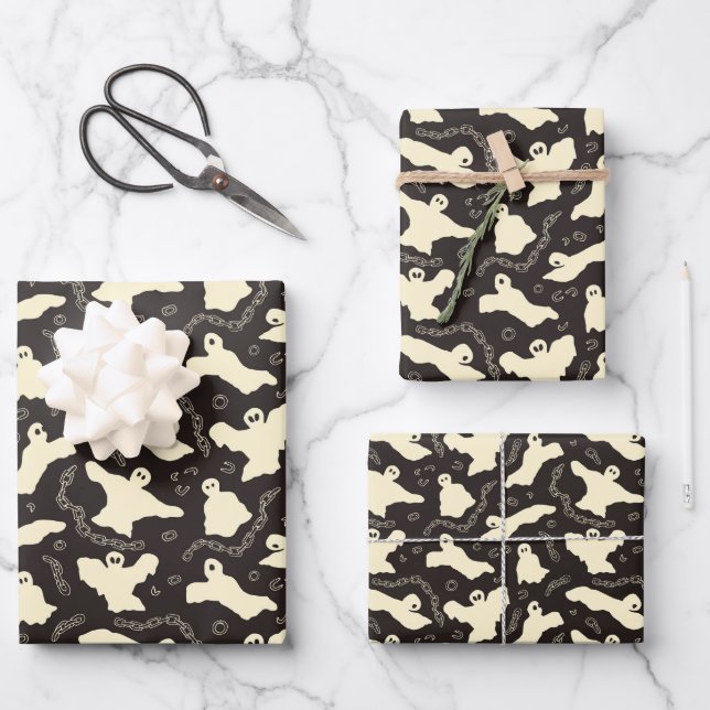 Hoja De Papel De Regalo Creamy Ghosts - Patrón de Halloween. (Anverso)