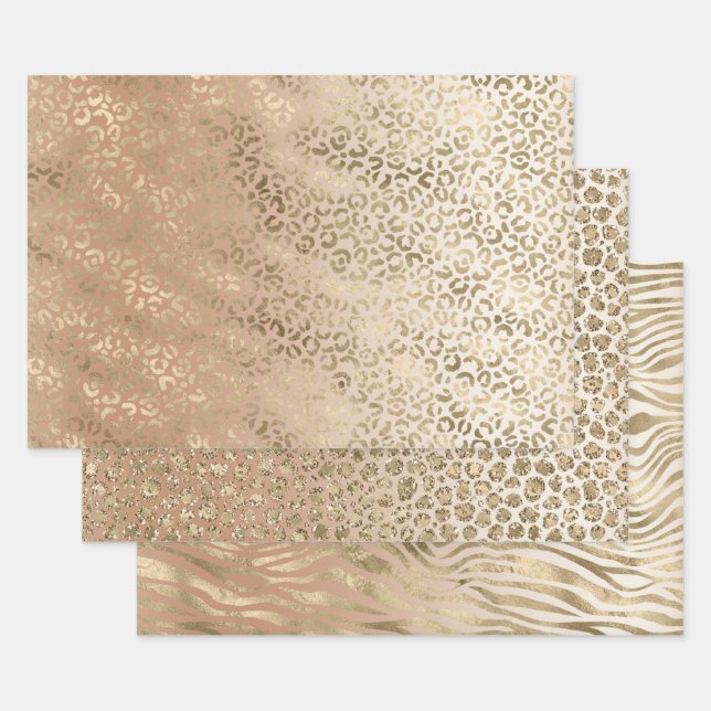 Hoja De Papel De Regalo Creamy Peach Gold Leopard Animal Print (Set)
