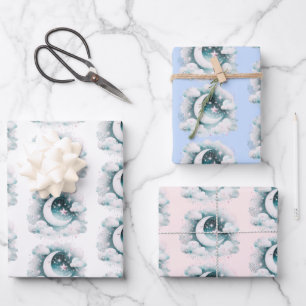 Hoja De Papel De Regalo Creciente Luna Celeste Boho Moderno Azul y Blanco
