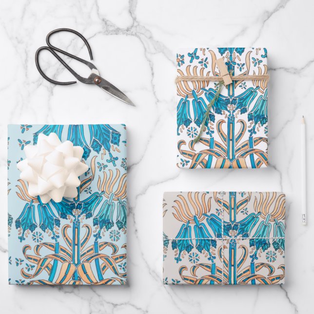 Hoja De Papel De Regalo Crema azul floral de estilo Art Nouveau francés (Anverso)