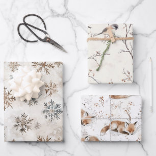 Hoja De Papel De Regalo Crema Azul Marrón Copos de Nieve Pájaros Zorro Nav