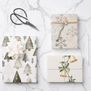 Hoja De Papel De Regalo Crema verde de pino árboles de Navidad Bells copos