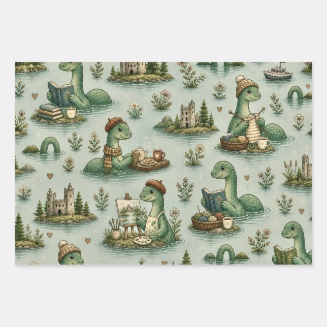 Hoja De Papel De Regalo Criptídeos Acogedores Nessie Monstruo del Lago Nes (Anverso)