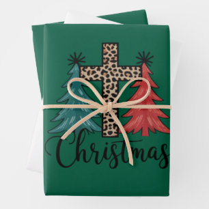 Hoja De Papel De Regalo Cruz de leopardo árboles de Navidad cristiano 