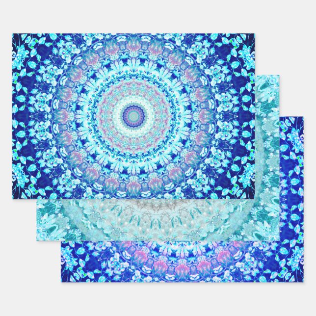 Hoja De Papel De Regalo Crystal Blue Floral Mandala (Set)