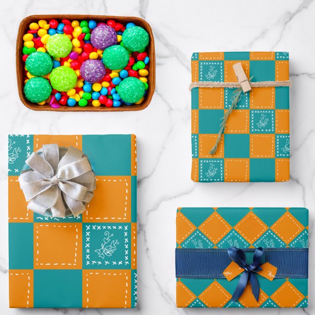 Hoja De Papel De Regalo Cuadrados de flores de doodle de mosaico (Subido por el creador)