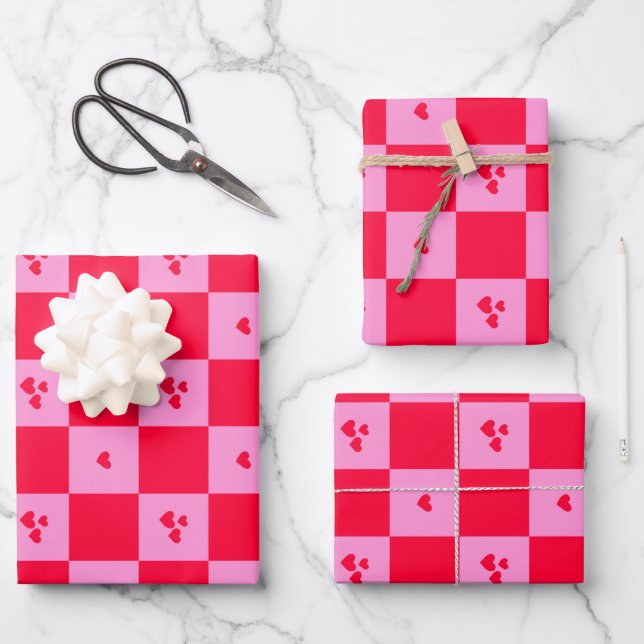 Hoja De Papel De Regalo Cuadrícula cardíaca rosa y roja (Anverso)