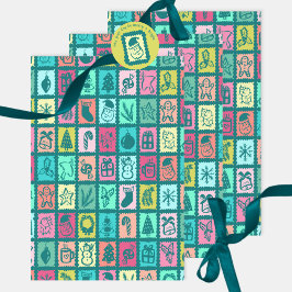 Hoja De Papel De Regalo Cuadrícula Navideña Caprichosa Alegre y Brillante 