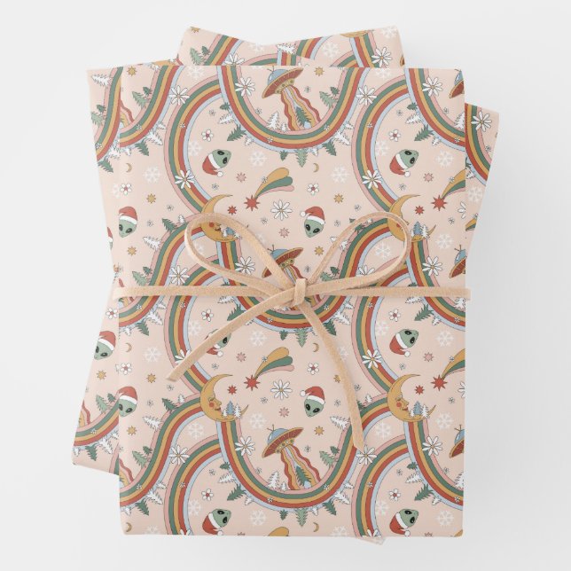 Hoja De Papel De Regalo Cuadros Árbol de Navidad Alien Patrón de Fiestas A (In situ)