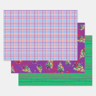 Hoja De Papel De Regalo Cuadros Escoceses, Árboles de Navidad y Línea Verd