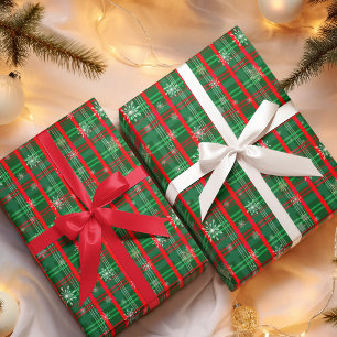 Hoja De Papel De Regalo Cuadros Escoceses Verdes de Navidad Copos de Nieve