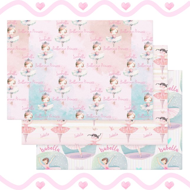 Hoja De Papel De Regalo Cualquier nombre Bonito Ballet Princess Ballerina  (Three Gift Wrap Sheets. Pretty paper for Ballerina Girls who Love to Dance!)