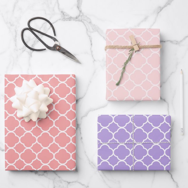 Hoja De Papel De Regalo Cuatrefoil geométrico púrpura rosado moderno (Anverso)