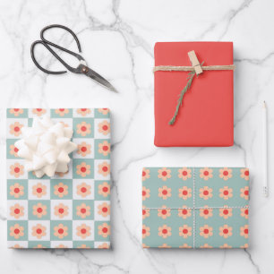 Hoja De Papel De Regalo Cubierta Floral Retro De Color Rojo Y Azul