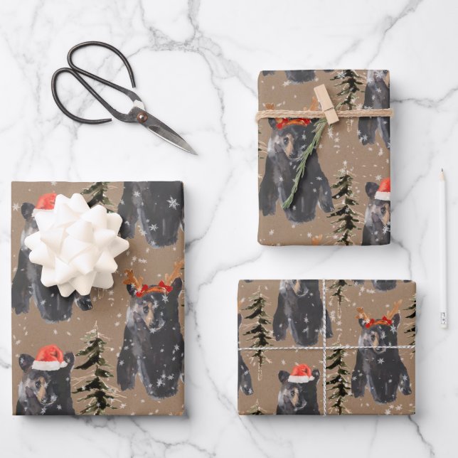 Hoja De Papel De Regalo Cubs de Navidades de oso negro de Kraft rústico (Anverso)