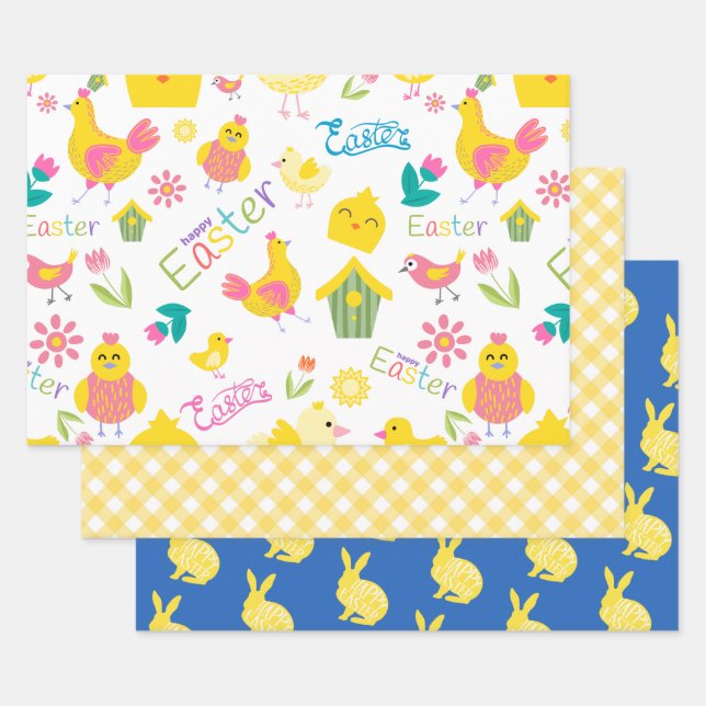 Hoja De Papel De Regalo Cucharas y conejillos amarillos de Pascua (Set)