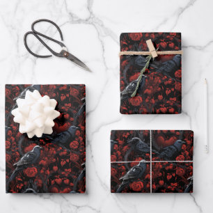 Hoja De Papel De Regalo Cuervos negros góticos y rosas rojas