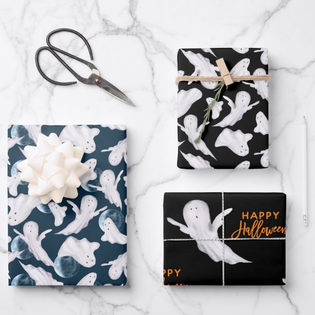 Hoja De Papel De Regalo Cuidada acuarela Halloween Ghosts (Anverso)