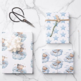 Hoja De Papel De Regalo Cuidada acuarela Teddy Osos y Estrellas