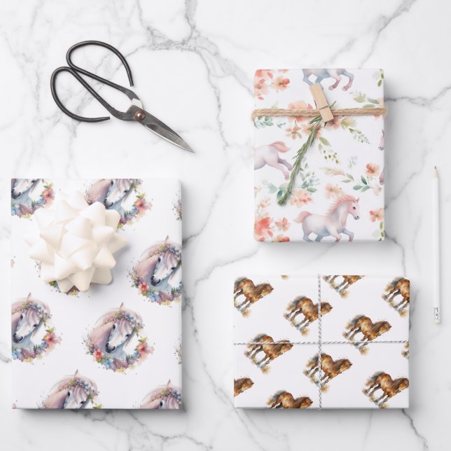 Hoja De Papel De Regalo Cuidada Whimsical Horse Pony Floral acuarela (Anverso)
