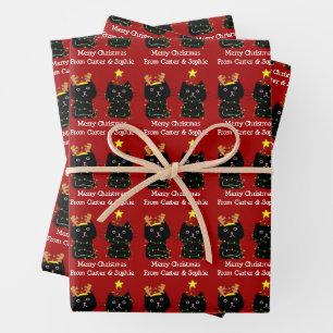 Hoja De Papel De Regalo Cuidado Dos Gatos Feliz Navidad Luces Personalizad