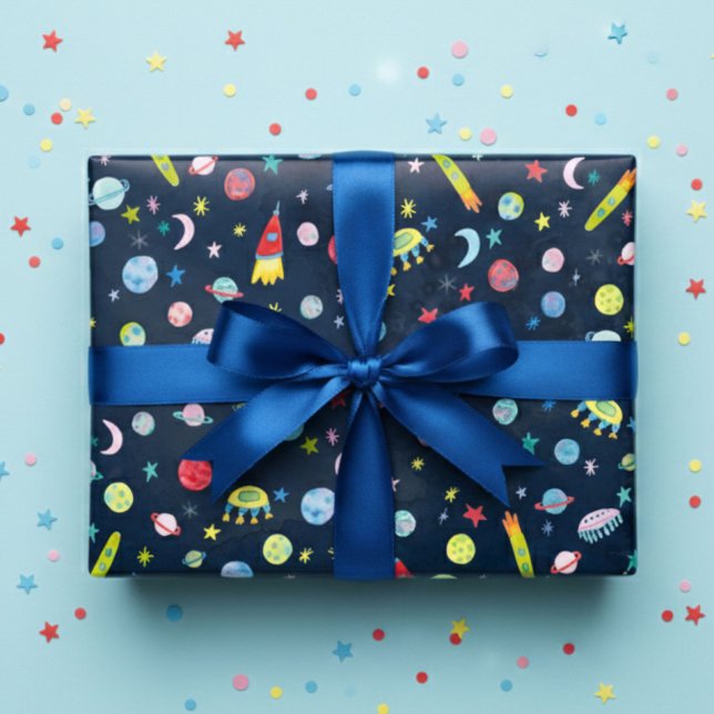 Hoja De Papel De Regalo Cuidado espacio exterior planetas de OVNI Moons Re (Cute Outer Space UFO Planets Moons Watercolor Gift Wrapping Paper Sheets
)