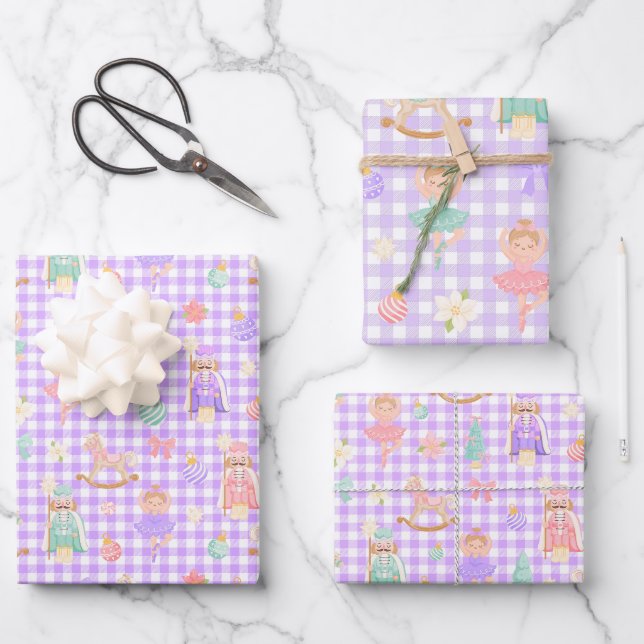 Hoja De Papel De Regalo Cumpleaños Cascanueces de Gingham Morado (Anverso)