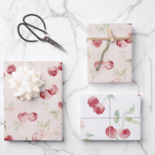 Hoja De Papel De Regalo Cumpleaños Cerezas Rojas Crema