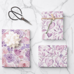 Hoja De Papel De Regalo Cumpleaños Corazones Florales Lavanda Rosa