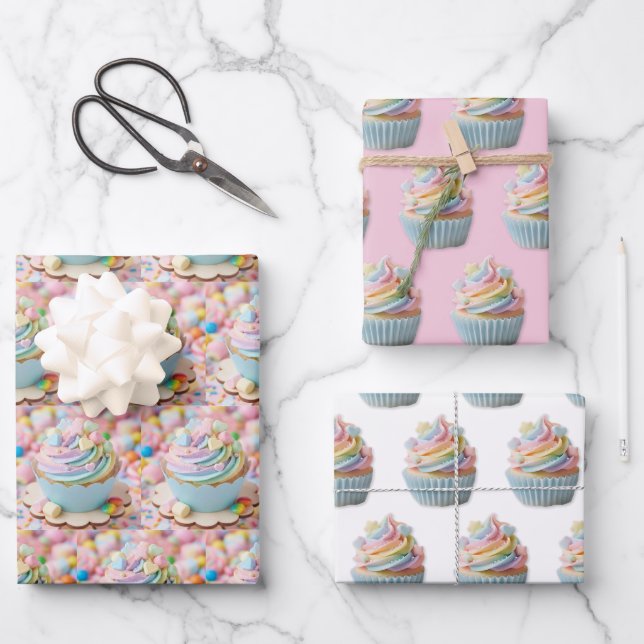 Hoja De Papel De Regalo Cumpleaños Cupcake Arcoíris Malvavisco Pastel (Anverso)
