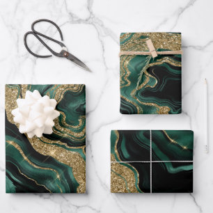 Hoja De Papel De Regalo Cumpleaños de ágata con lámina verde elegante y br