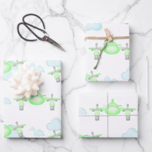 Hoja De Papel De Regalo Cumpleaños de Avión Verde para Niños Volando