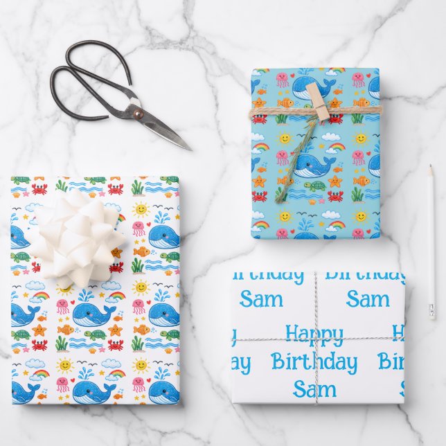 Hoja De Papel De Regalo Cumpleaños de ballena  (Anverso)
