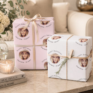 Hoja De Papel De Regalo Cumpleaños de chica con foto rosa blanca