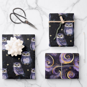 Hoja De Papel De Regalo Cumpleaños de Estrellas Mágicas de Búhos Purpuras